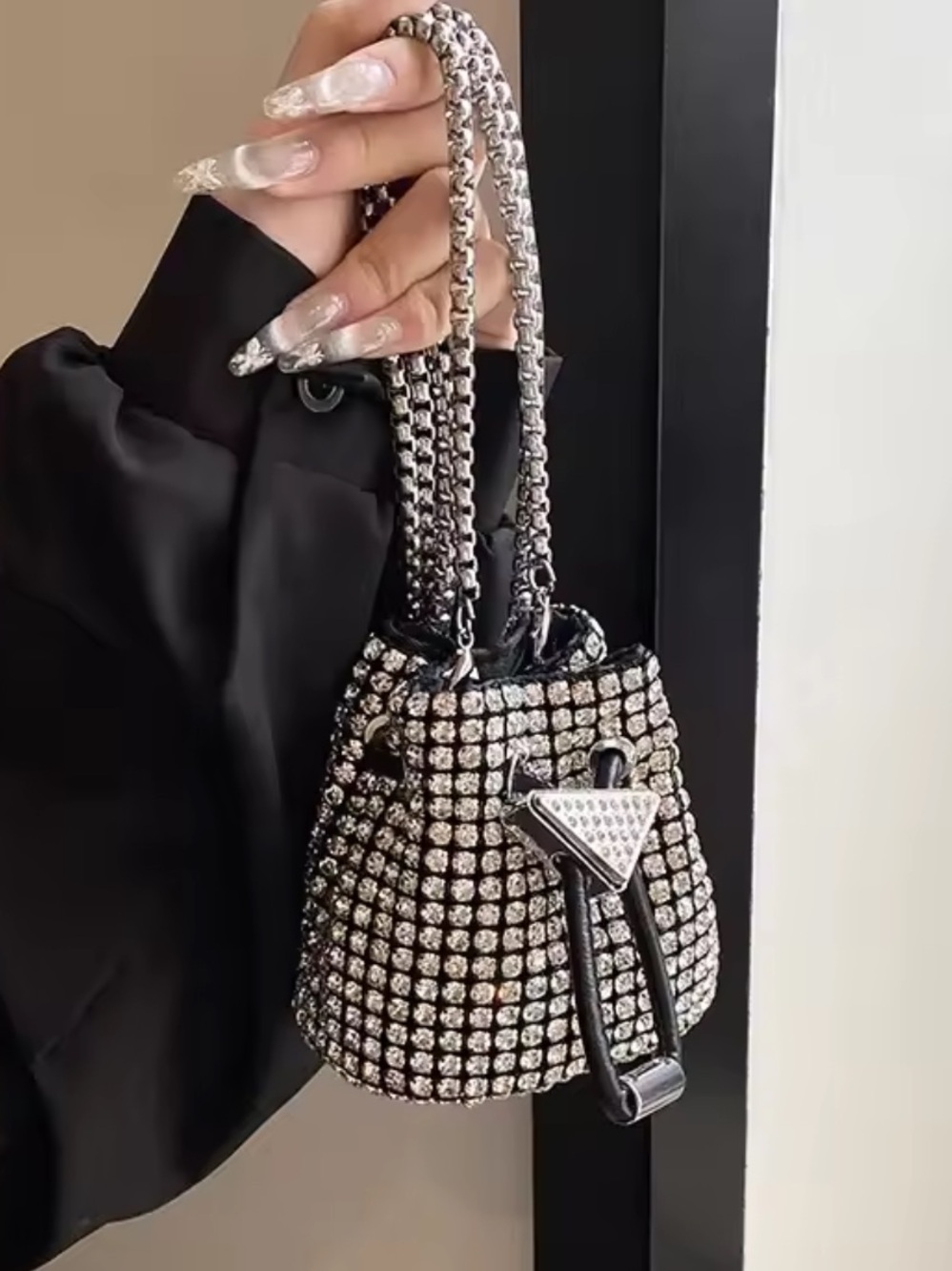 Crystal Mesh Black Mini Bucket Bag with Silver Chain
